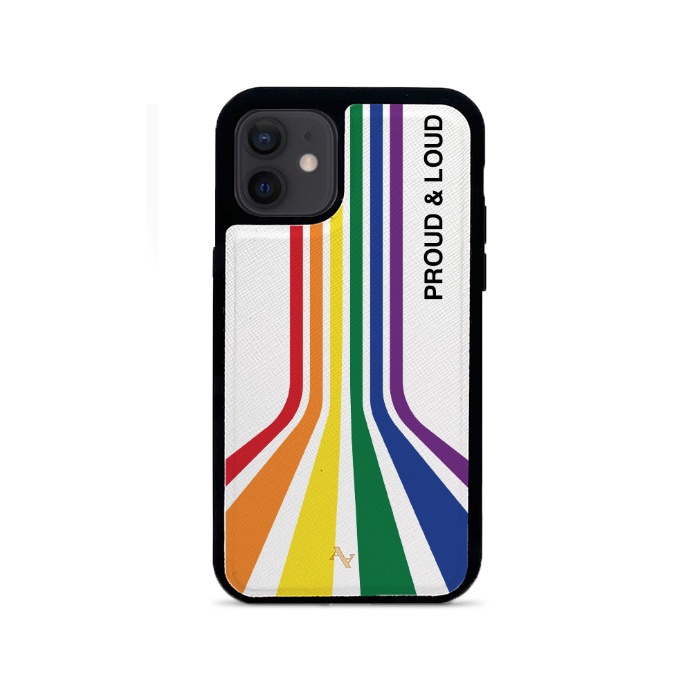 MAAD Pride iPhone 12 Mini case in saffiano leather with rubber rim, showcasing personalization options.